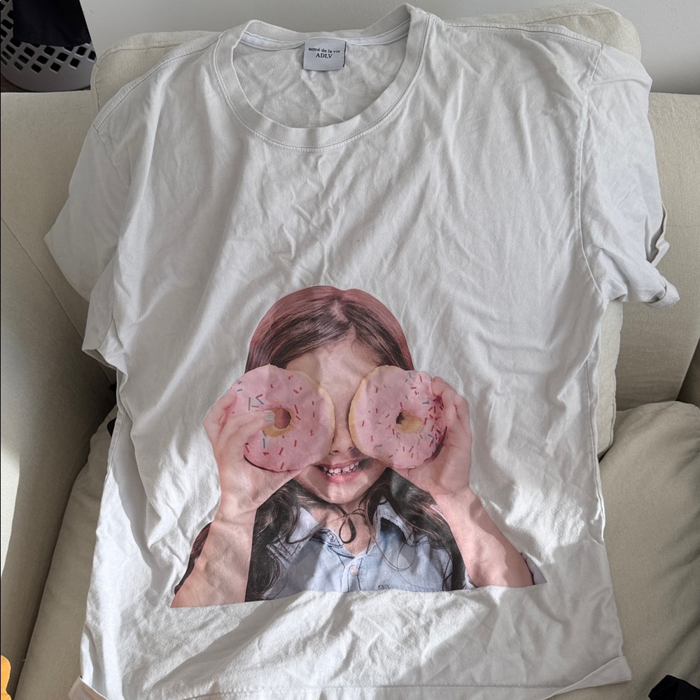 ADLV White Graphic Tee with Pink Donut Print -